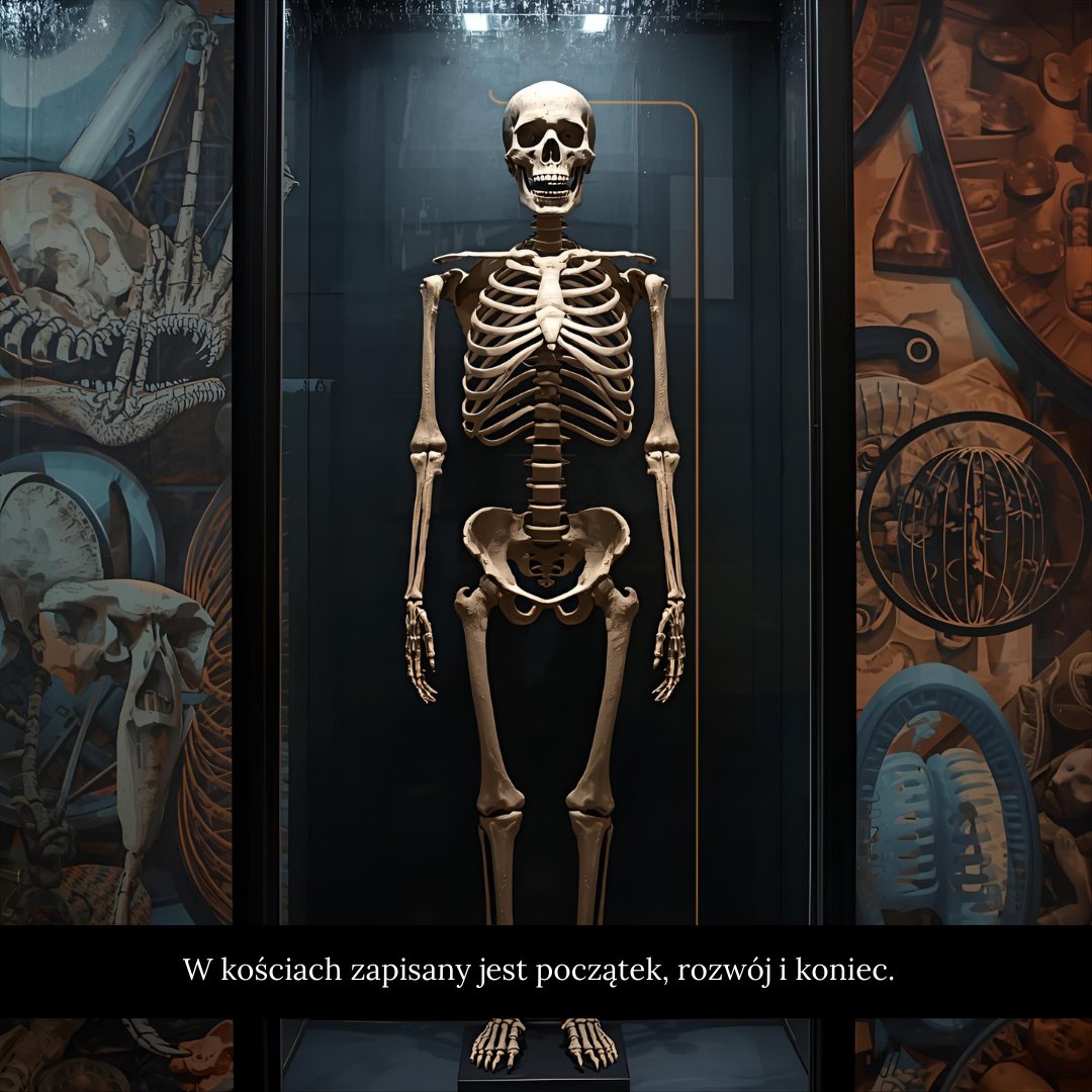 Ludzki szkielet w gablocie muzealnej. Kości są ustawione w pozycji anatomicznej, wyprostowanej, z widoczną czaszką, żebrami, kręgosłupem i kończynami. Tło ekspozycji zdobią ilustracje i grafiki anatomiczne. Na dole hasło: W kościach zapisany jest początek, rozwój i koniec.